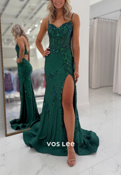 Spaghetti straps Sequins prom Dress With Split Lace up