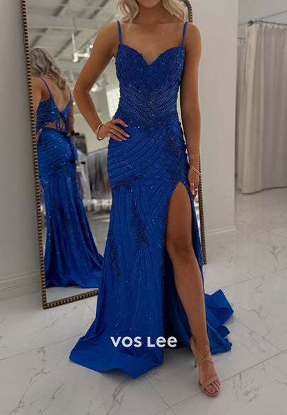 Spaghetti straps Sequins prom Dress With Split Lace up