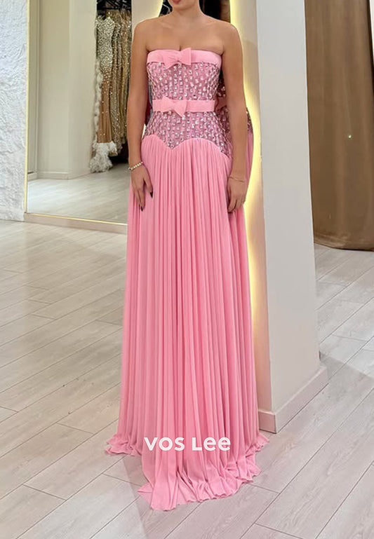 Glitter Strapless Crystals Diamonds A Line Long Prom Dress