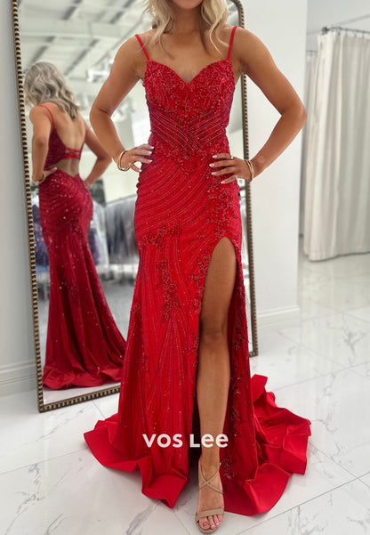 Spaghetti straps Sequins prom Dress With Split Lace up