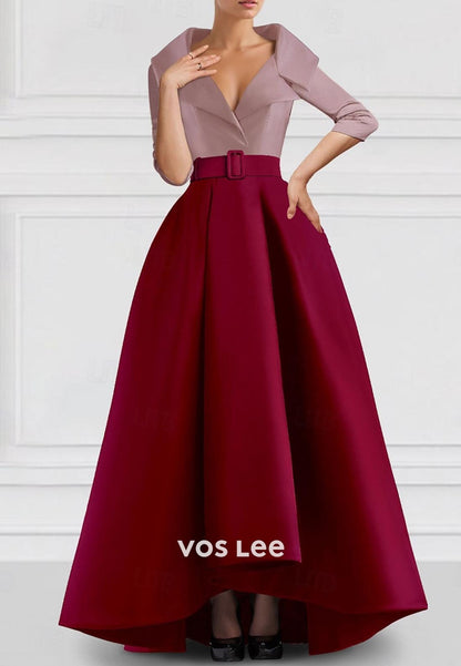 Classic A-Line V-Neck Long Sleeves High Low Evening Formal Dress