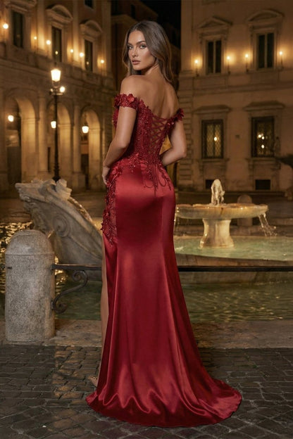 Burgundy Off The Shoulder Mermaid Beaded Satin Long Prom Dresses With Appliques