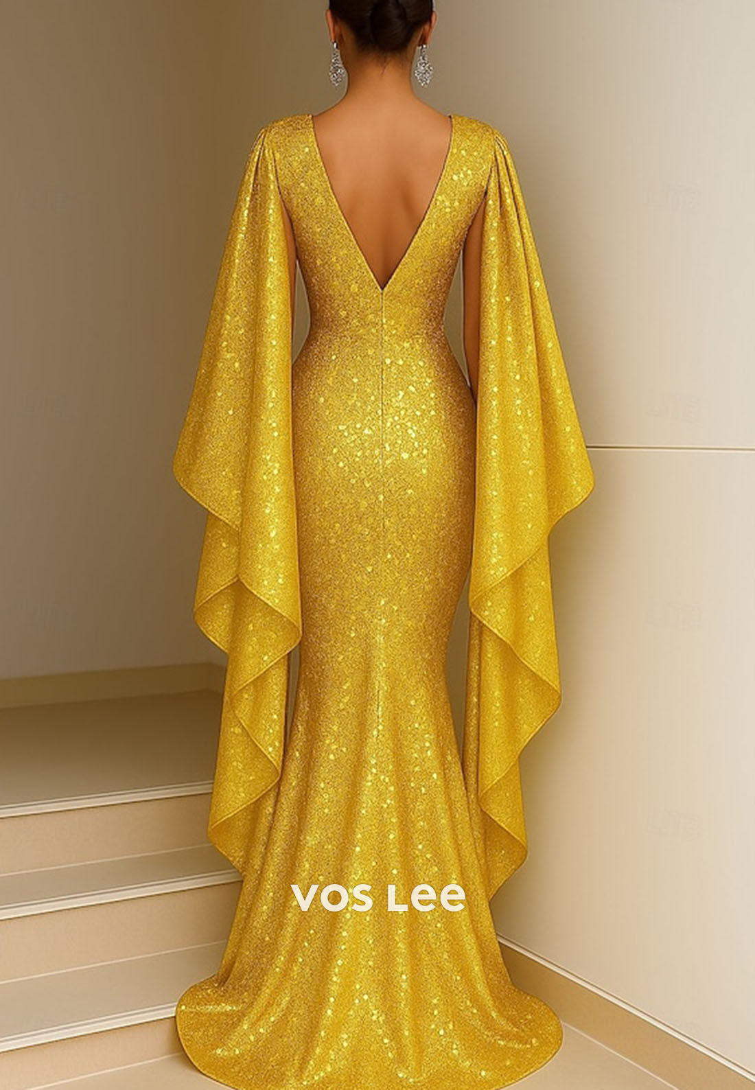 Glitter V-Neck Sequin Floor-Length Trumpet Evening Gowns  