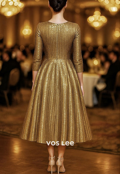 Elegant Gold Sequined A-Line Tea-Length Evening Gowns