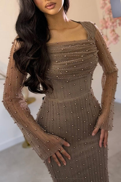 Olive Green Square Neck Beaded Mermaid Evening Gown with Sheer Sleeves