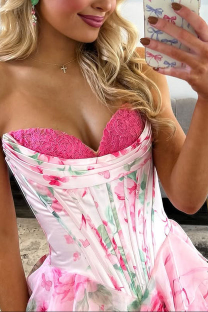 Gorgeous A Line Sweetheart Floral Chiffon Tiered Prom Dress with Appliques