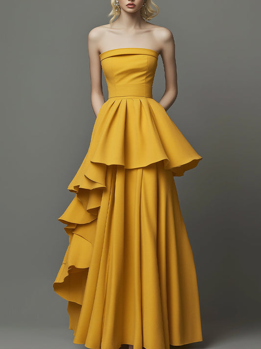 Golden Tiered Grace: Strapless Ruffle Gown