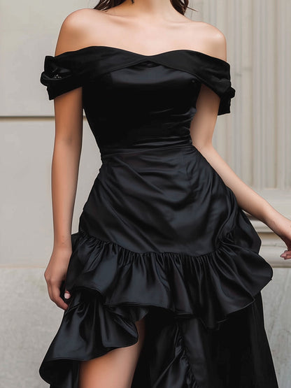 Off-Shoulder High-Low Satin Gown With Dramatic Ruffled Hem