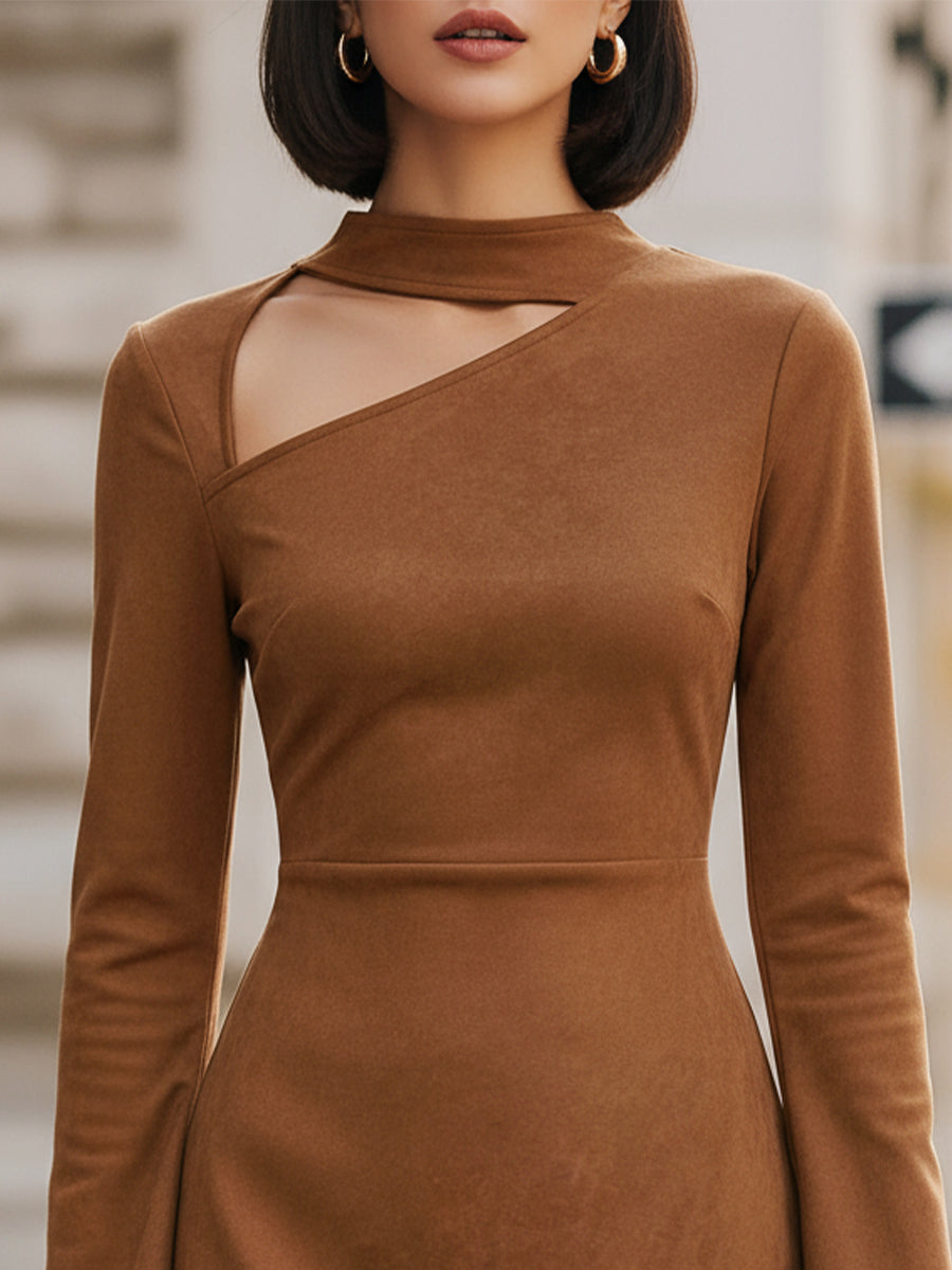 Stylish Camel Cutout Long - Sleeve Mini Dress