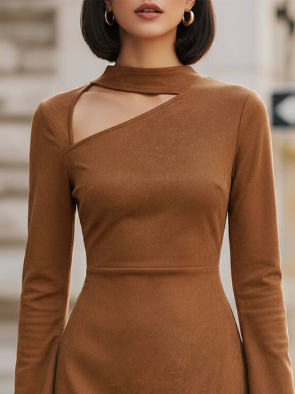 Stylish Camel Cutout Long - Sleeve Mini Dress