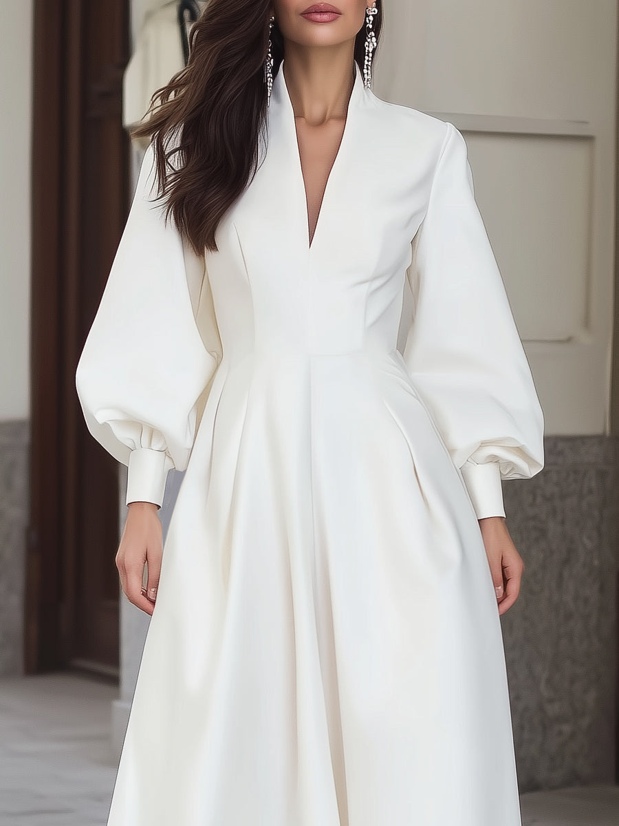 Elegant Long-Sleeve A-Line Dress With Pleated Skirt