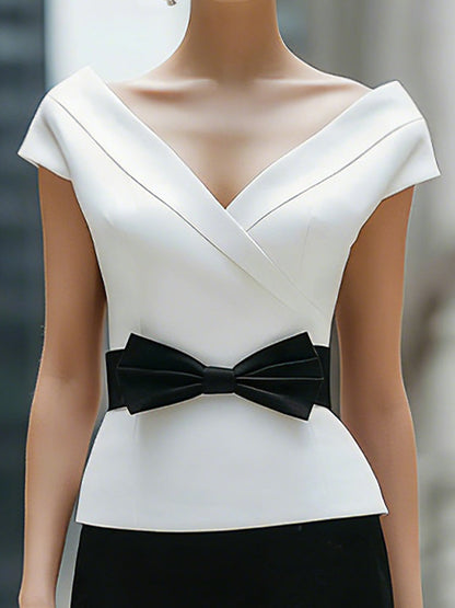 Elegant V-Neck Cap Sleeve Bow Belt Sheath Dress