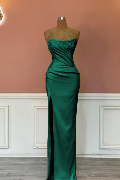 Satin Strapless Sleeveless Long Pleated Mermaid Prom Dress With Rhinstone And High Split