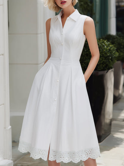 Sleeveless Button-Front Lace Hem Midi Dress