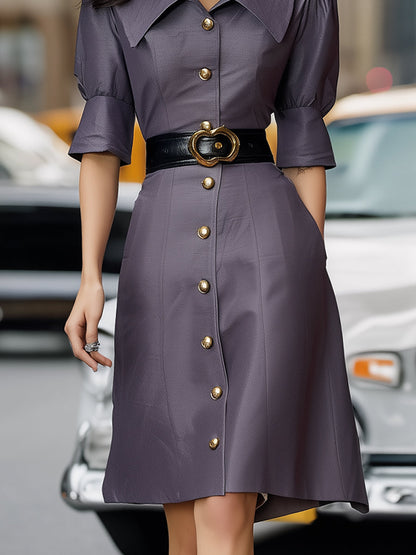 Structured Button-Down Shirt Dress With Puff Sleeves And Belt