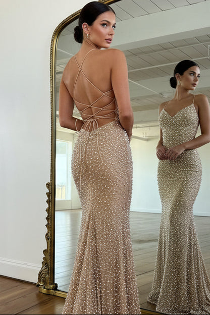 Gorgeous Mermaid V Neck Gold Pearls Prom Dress