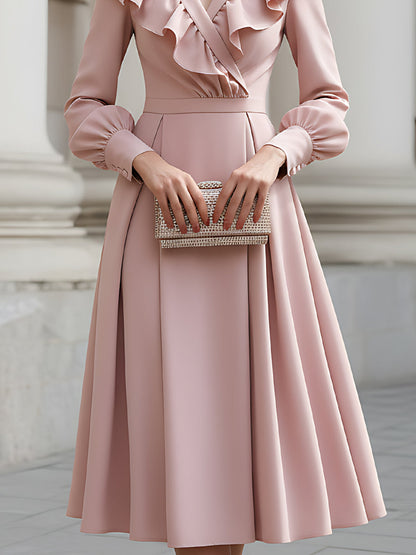 Ruffled Wrap-Neck Long Sleeve Midi Dress