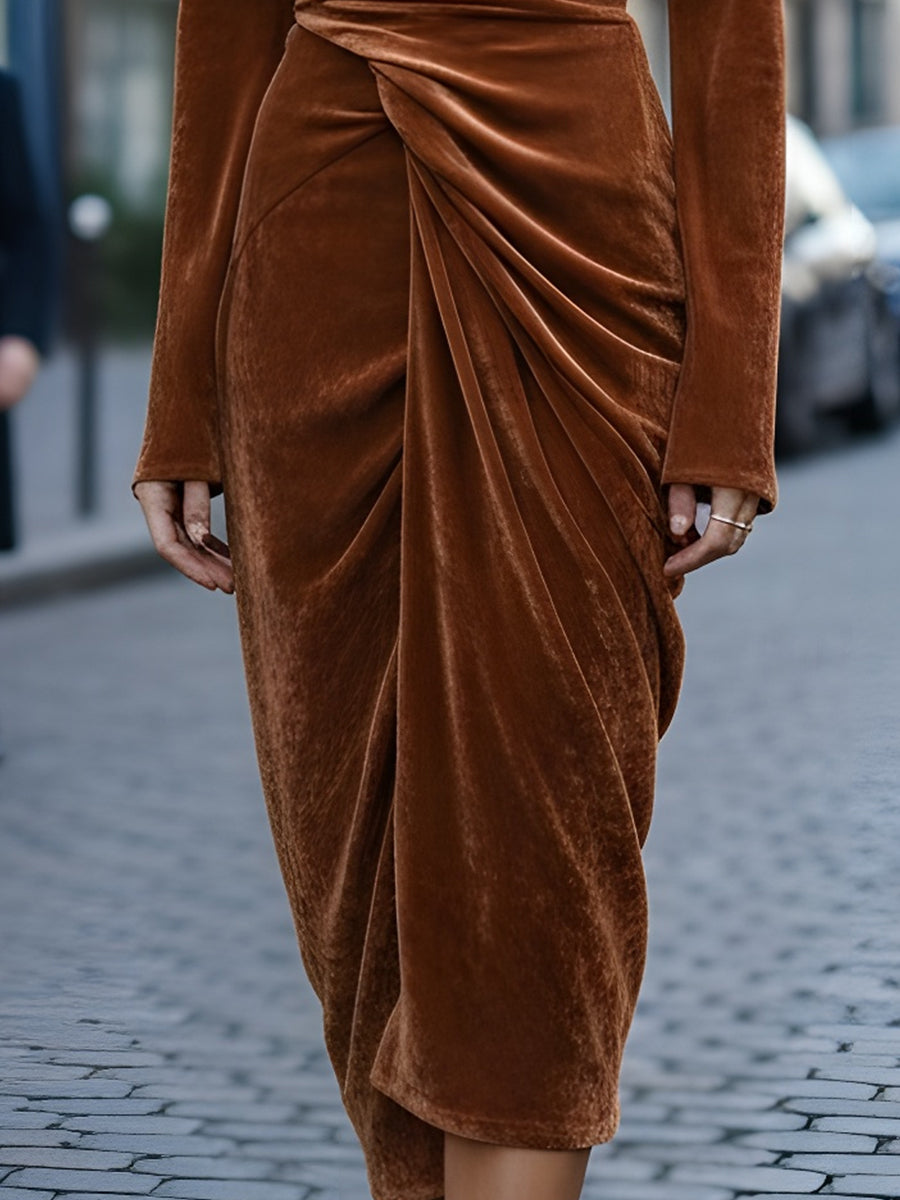 VOS LEE Luxe Rust Velvet Draped Midi Dress
