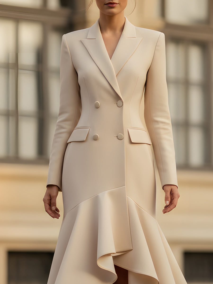 Cream Double-Breasted Blazer Dress With Cascading Hem