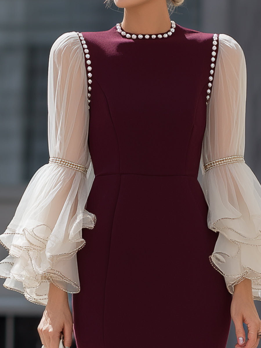 Burgundy Ruffle Hem Dress With Sheer Layered Sleeves