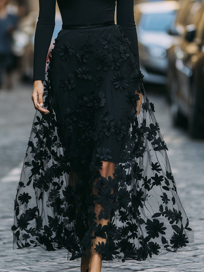 Black Stretch Knit Dress With 3D Floral Embroidered Mesh Overskirt