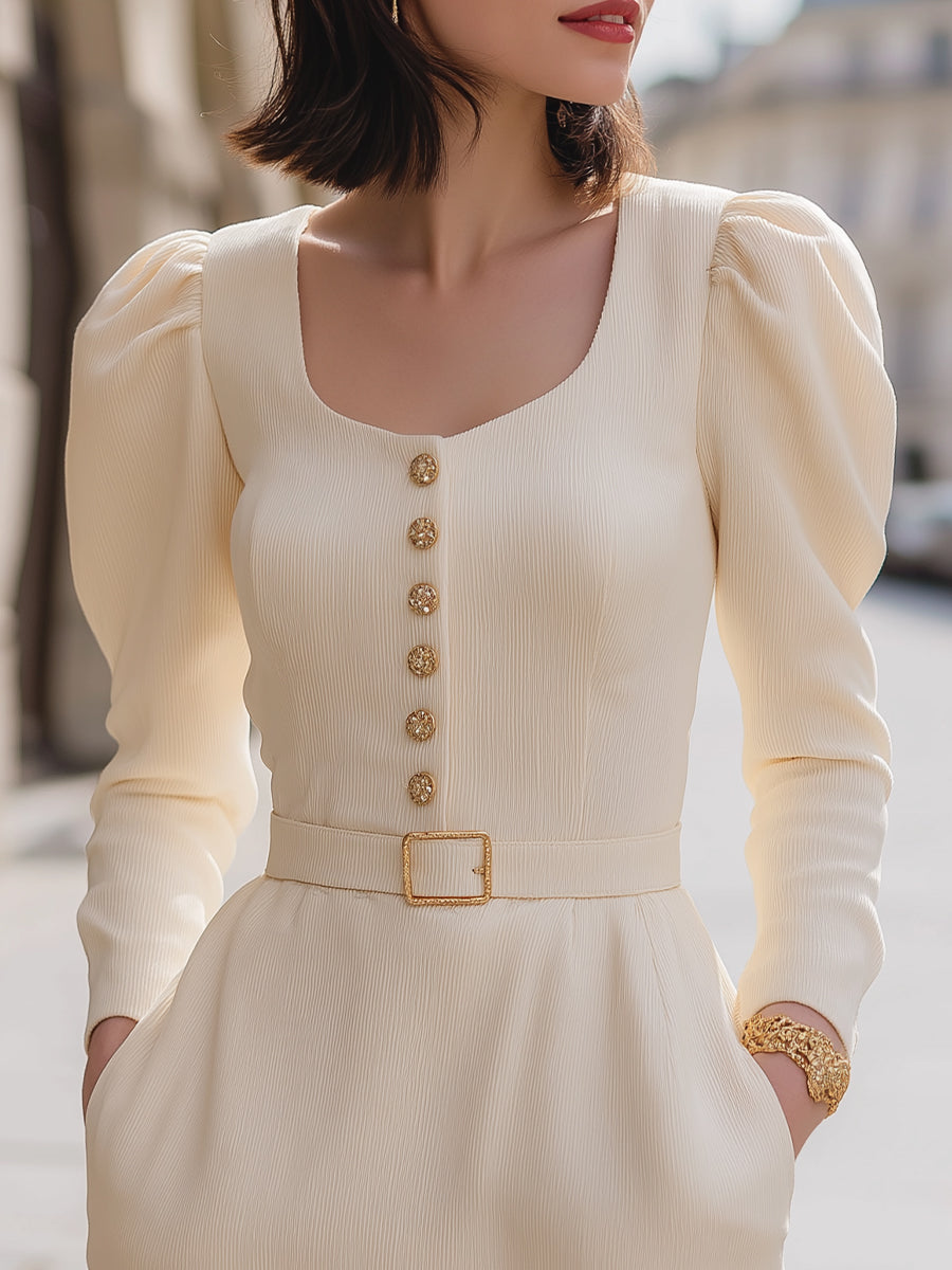 Elegant Belted Puff-Sleeve A-Line Dress With Button Detailing