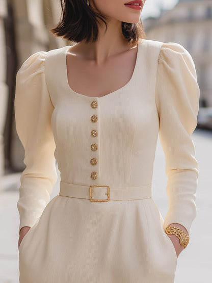 Elegant Belted Puff-Sleeve A-Line Dress With Button Detailing