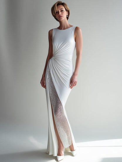 White Crystal-Embellished Ruched Side-Slit Gown