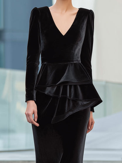 Obsidian Cascade Layered Velvet Gown