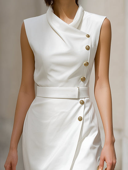 Asymmetric Buttoned Sleeveless Wrap Dress In Ivory