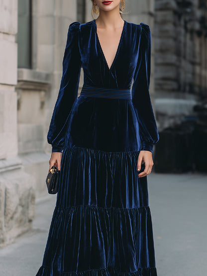 Navy Blue Velvet Tiered Maxi Dress