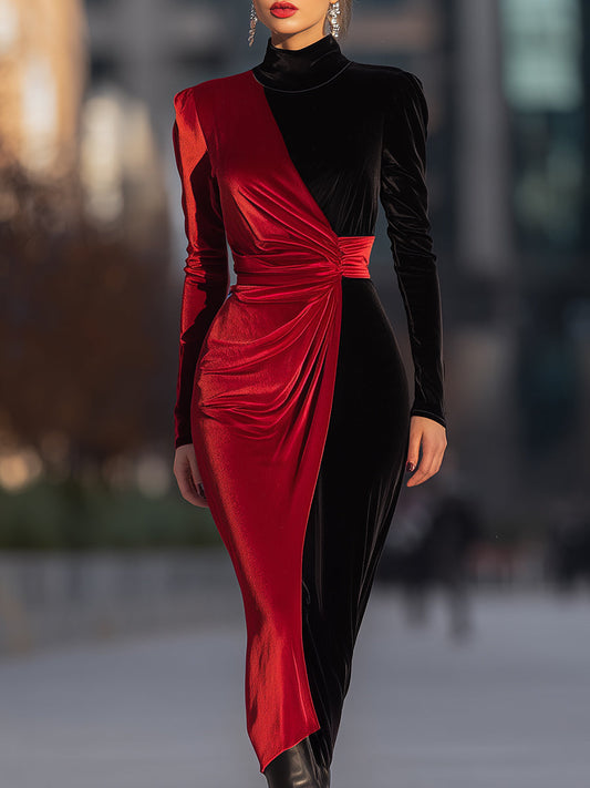 Velvet Color-Block Draped Evening Gown