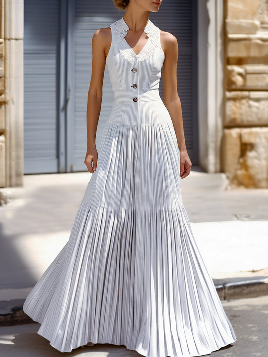 Sleeveless Striped Pleated Maxi Dress With Eyelet Collar Wedding Guest Dresses
