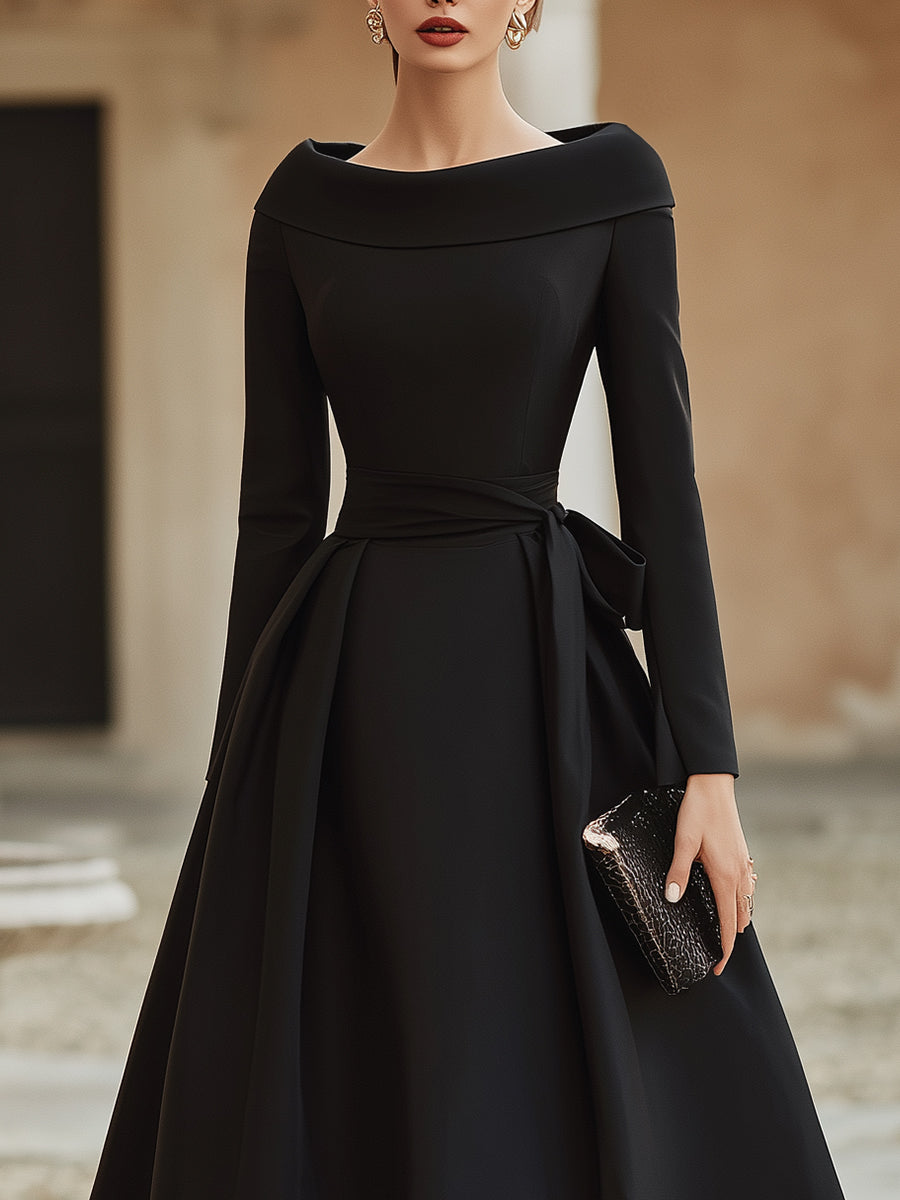 Elegant Off-Shoulder Midi Dress With Draped Collar And Waist Tie
