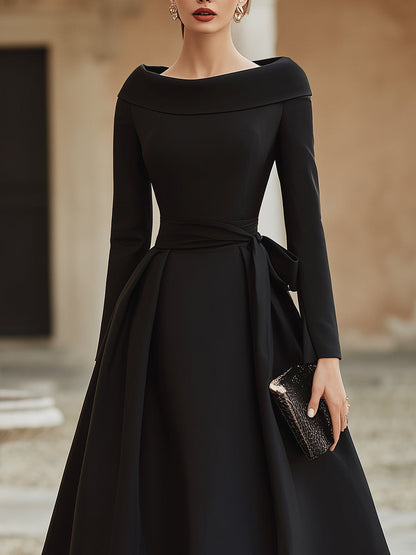 Elegant Off-Shoulder Midi Dress With Draped Collar And Waist Tie