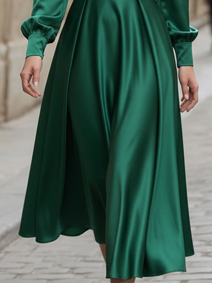 VOS LEE Emerald Satin Square-Neck Midi Dress