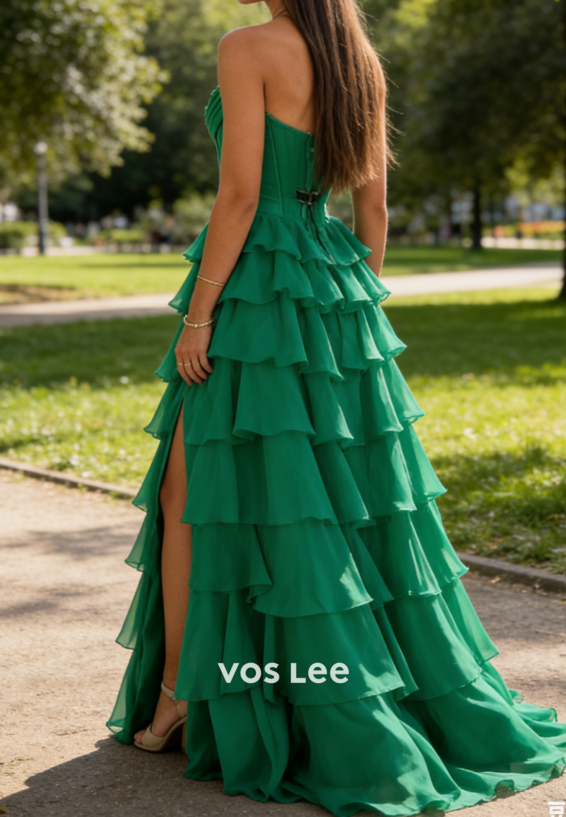 Green Sweetheart Chiffon Ruffled A Line Formal Prom Dresses