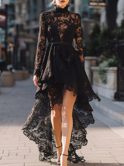 Black High-Neck Lace Asymmetrical Gown