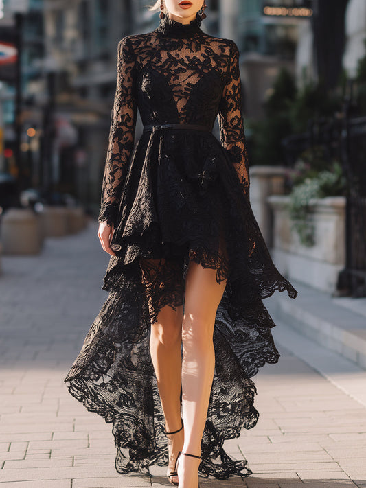 Black High-Neck Lace Asymmetrical Gown