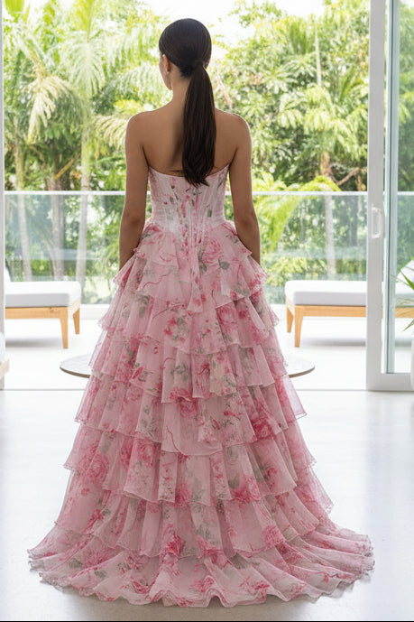 Gorgeous A Line Sweetheart Floral Chiffon Tiered Prom Dress with Appliques