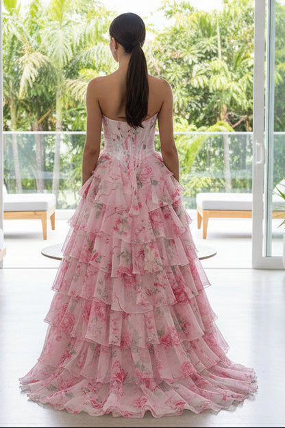 Gorgeous A Line Sweetheart Floral Chiffon Tiered Prom Dress with Appliques