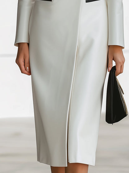 Elegant Faux Leather Tuxedo-Inspired Blazer Dress With Black Lapels