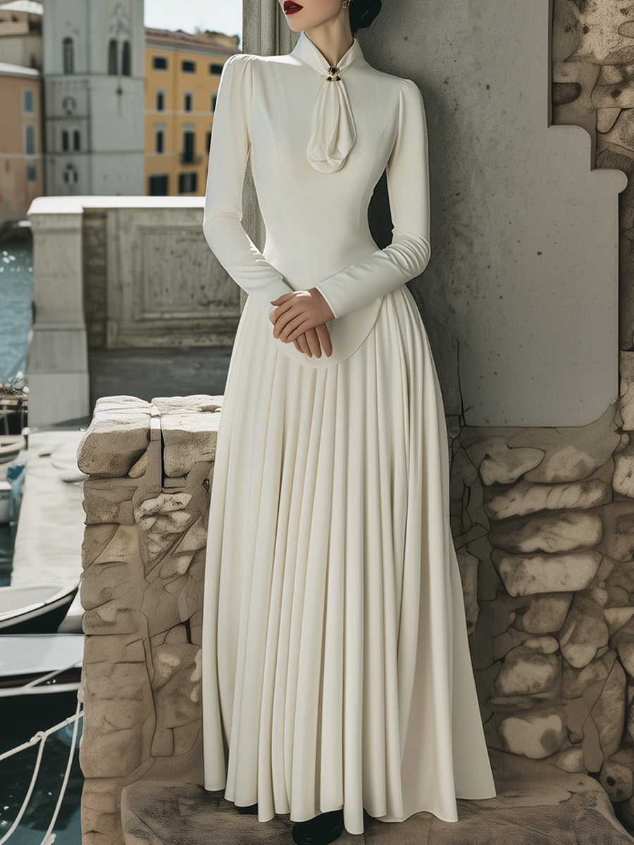 Elegant Plain Maxi Dress With Scarf-Tie Collar