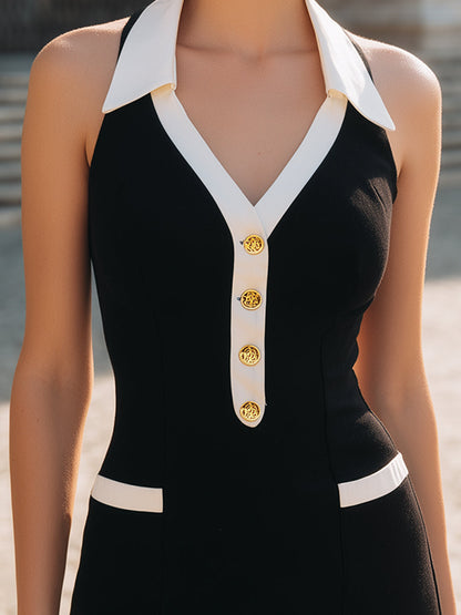 Black Halter Contrast-Collar Mini Dress With Gold-Tone Buttons