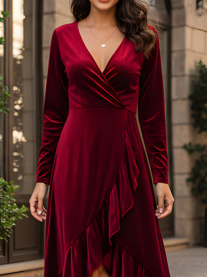 Velvet Wrap Midi Dress With Ruffled Hem