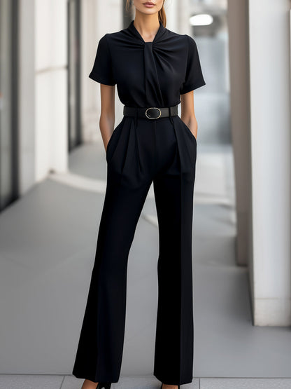 Elegant Twist Neckline Short - Sleeve Belted Jumpsuit
