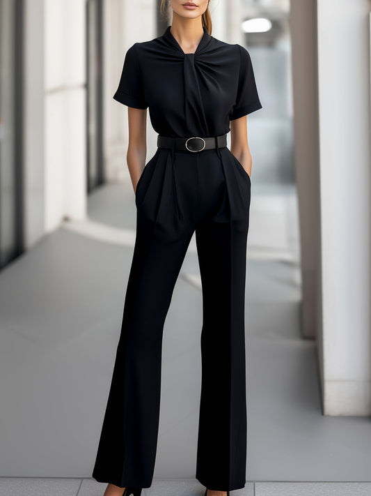 Elegant Twist Neckline Short - Sleeve Belted Jumpsuit