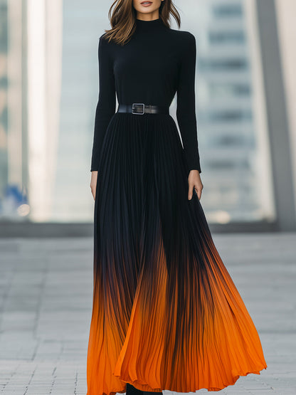 Ombre Pleated Maxi Dress With High Neckline