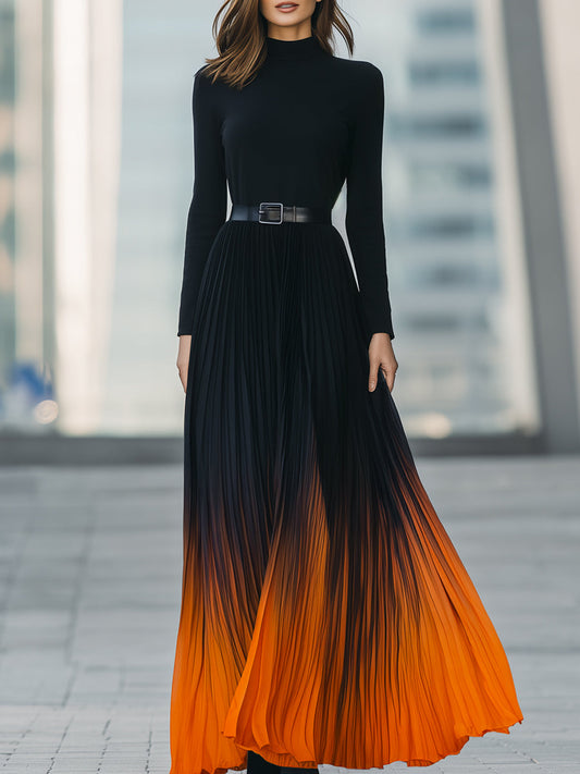 Ombre Pleated Maxi Dress With High Neckline