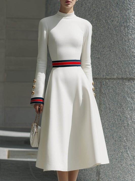 White Long-Sleeve A-Line Dress With Stripe Detail